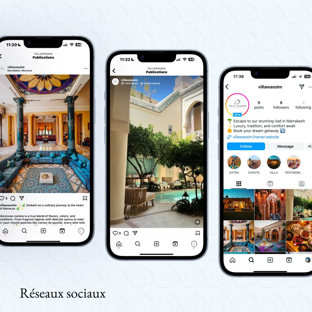 Mise en situation (mockup) de la stratégie de réseaux sociaux (Instagram) pour Villa Wassim Marrakech. Trois écrans de smartphones sont affichés, montrant le profil Instagram et différentes publications. Le profil montre le logo, un nombre réduit de publications/abonnés (ce qui peut être une phase de lancement) et un lien direct vers le site web. Les publications mettent en valeur l'intérieur luxueux du riad, la piscine, le patio, la cuisine marocaine et le décor élégant. Ce visuel démontre l'expertise de Nux-Studio en stratégie et gestion des réseaux sociaux, création de contenu de luxe (Photo & Vidéo) et branding digital pour l'hôtellerie de luxe à Marrakech.