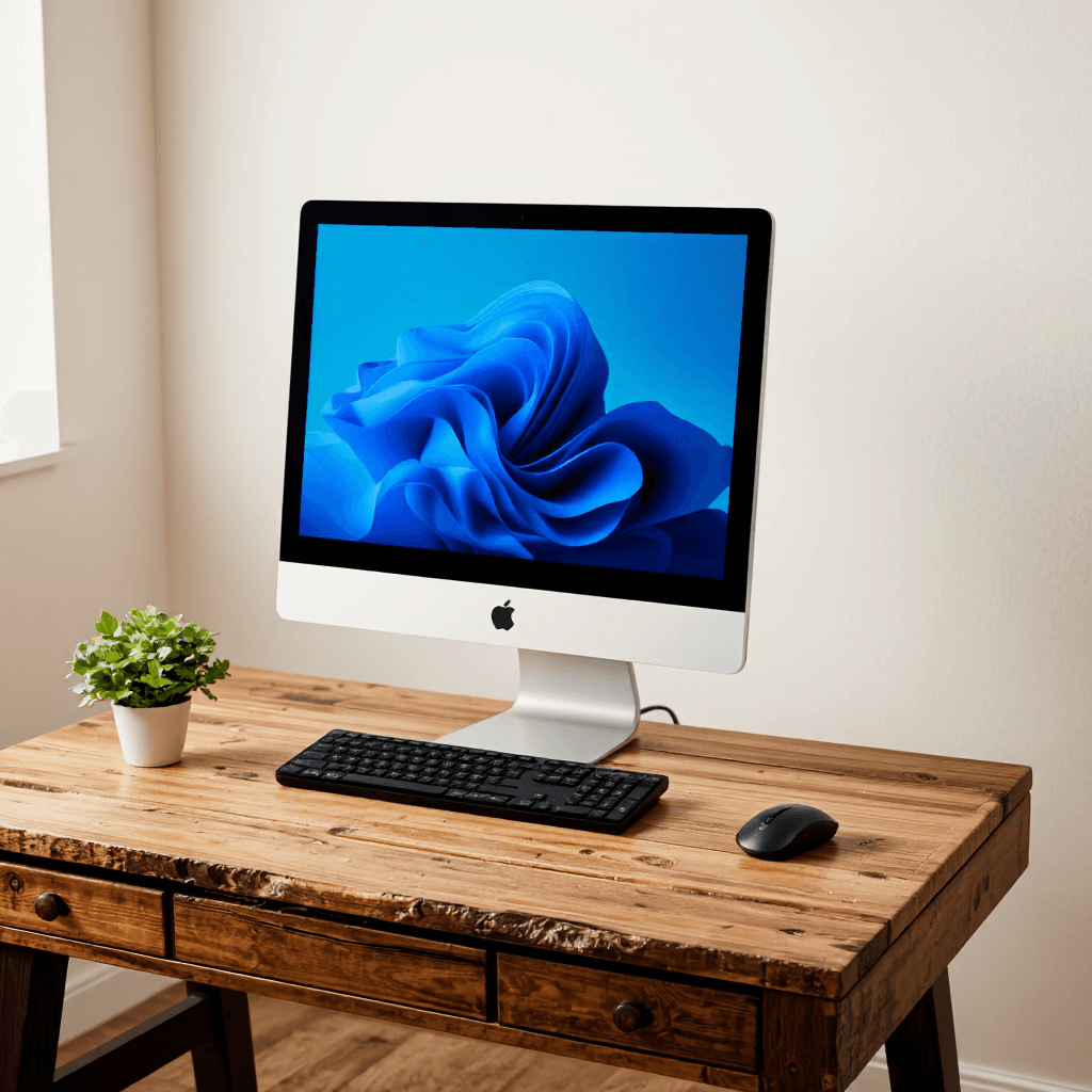 product photography of all-in-one desktop computer with keyboard and mouse