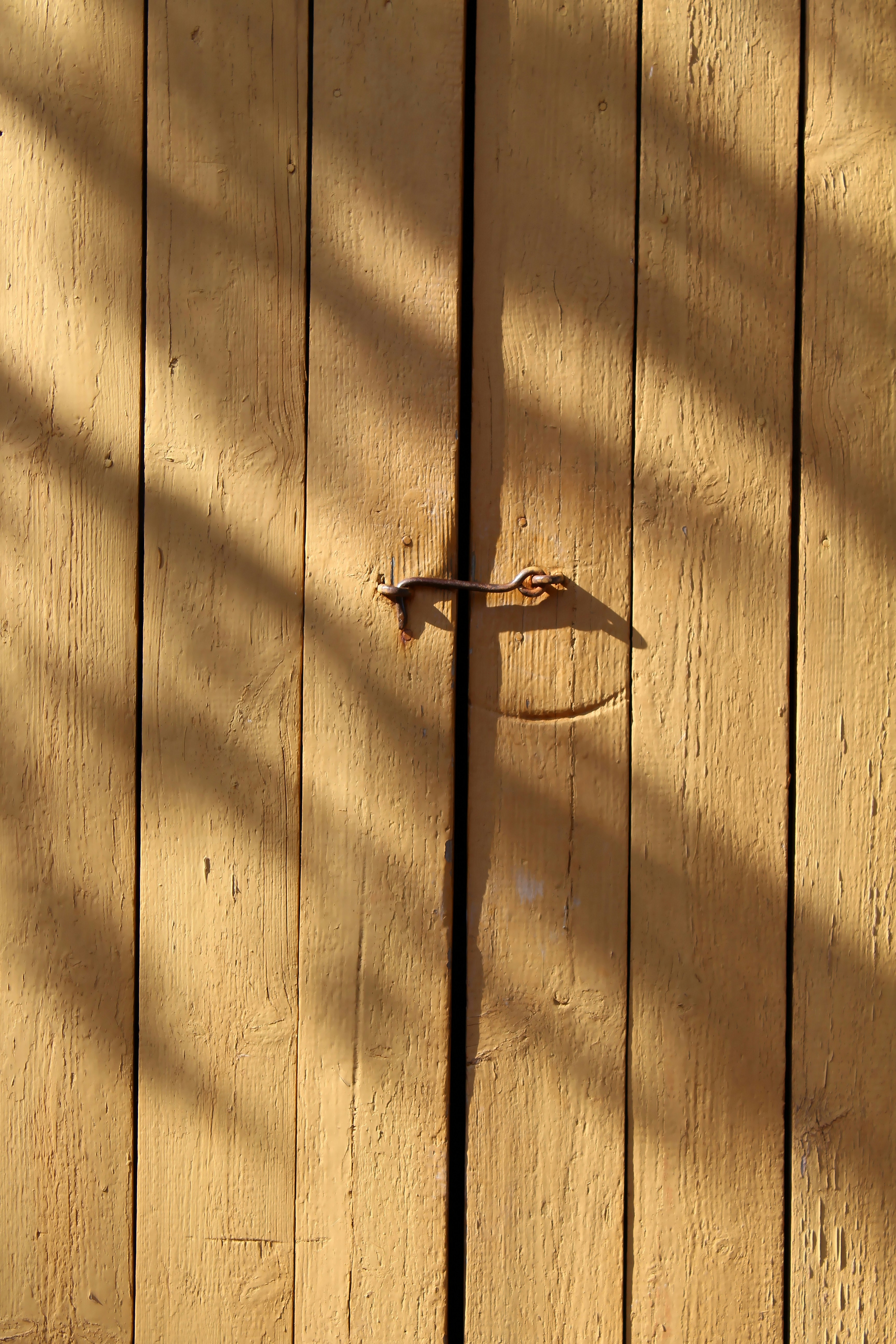 Wooden doors with a latch, shadowed by sunlight.