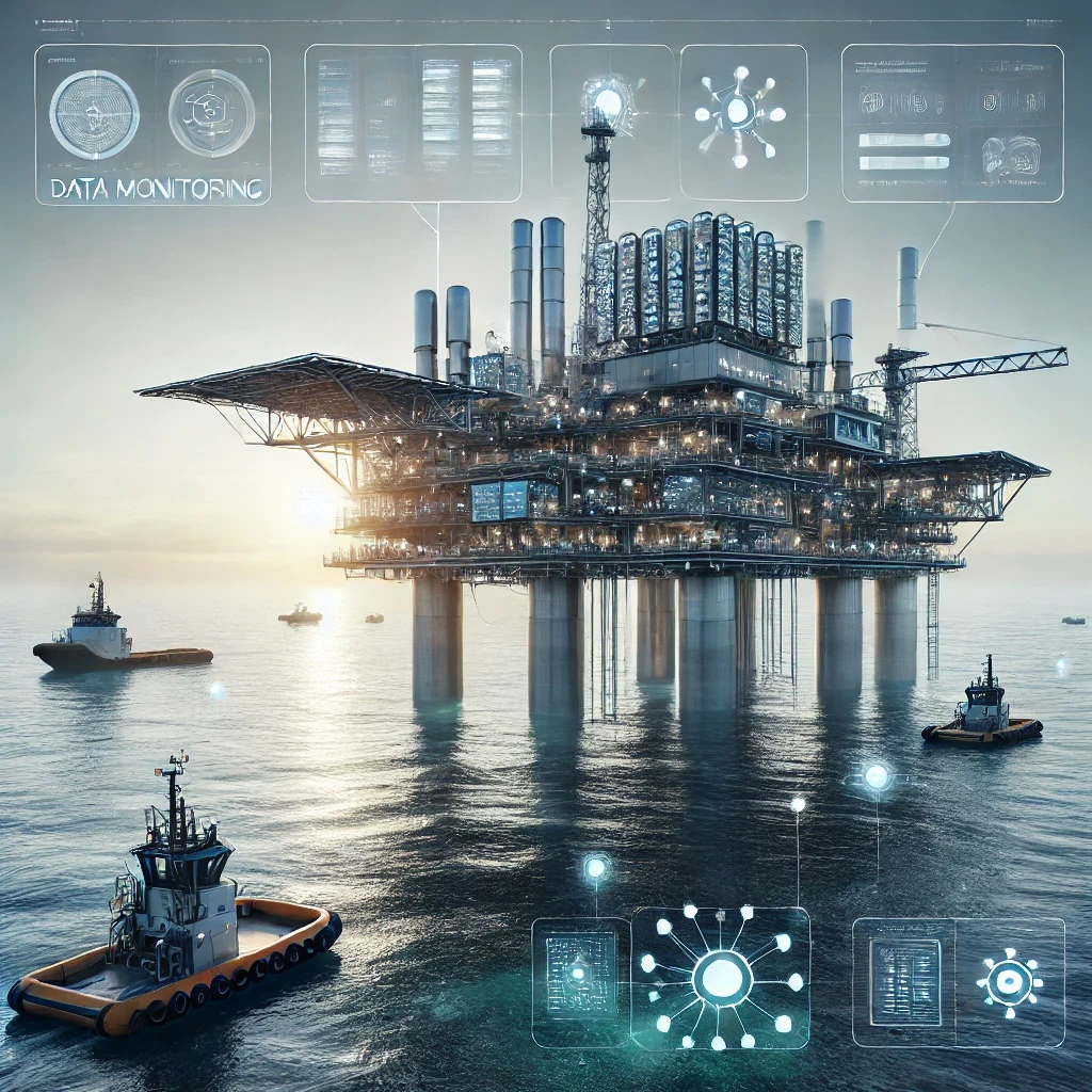 A modern offshore platform powered by AI and digital technologies. The scene includes autonomous vessels, advanced data monitoring systems, and a vibrant ocean environment, symbolizing innovation and sustainability in offshore energy operations.