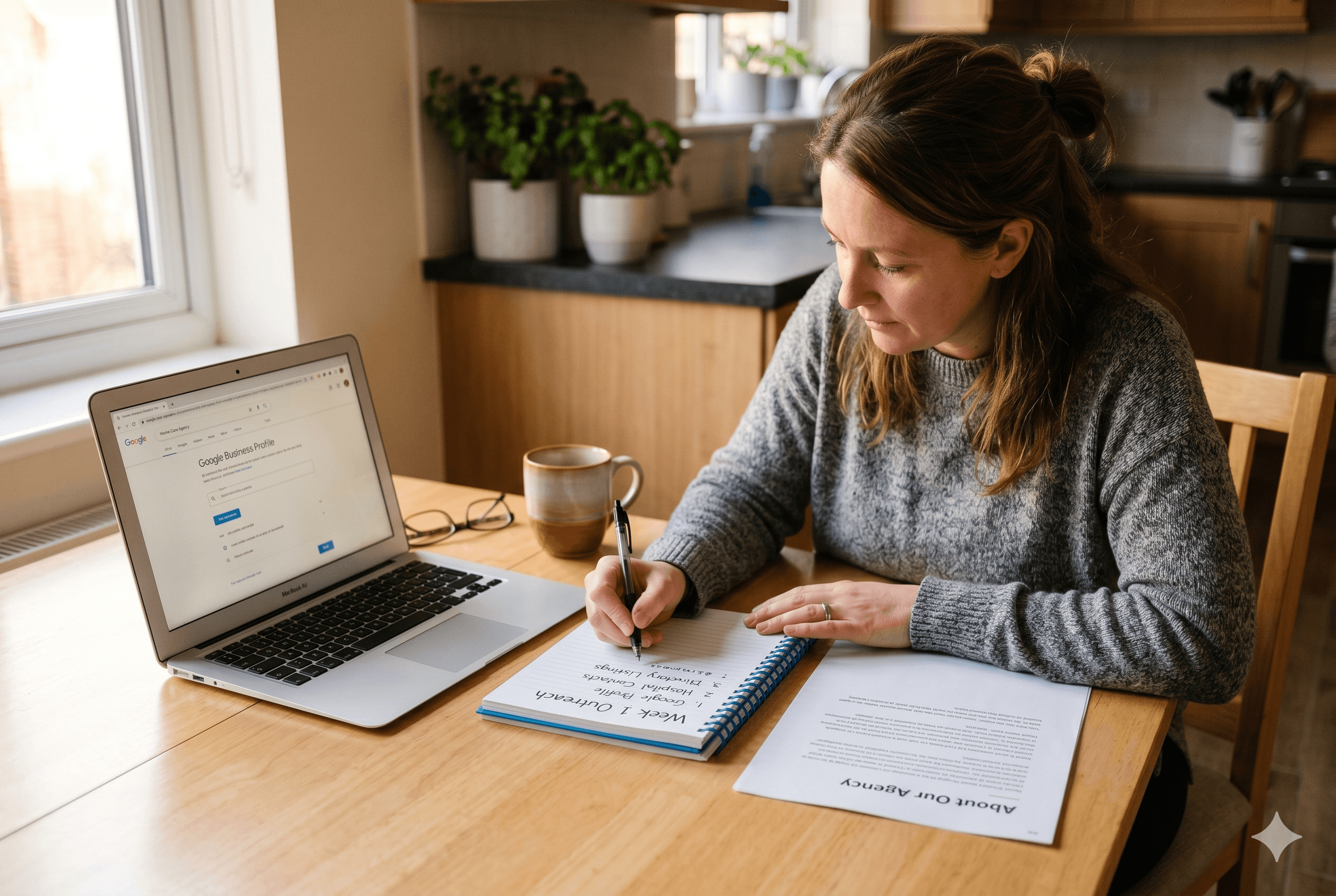 A woman in her early forties sits at a kitchen table serving as a home office, writing in a spiral notebook titled "Week 1 Outreach." The open notebook lists "1. Google Profile," "2. Hospital Contacts," and "3. Directory Listings" beside an open laptop. To the right sits a printed sheet with the heading "About Our Agency." The scene is illuminated by warm morning light.
