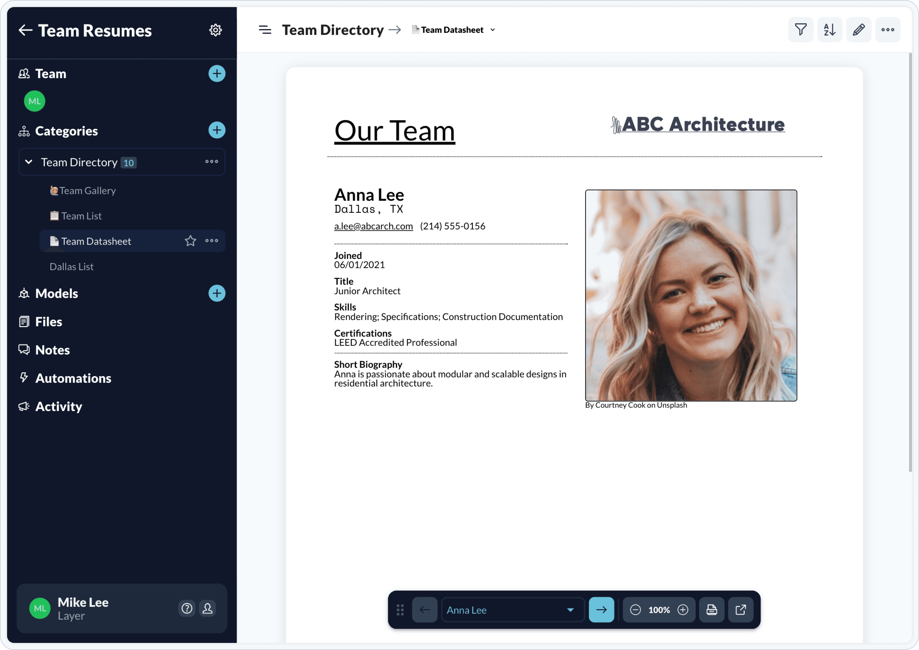 Layer Team Resume View