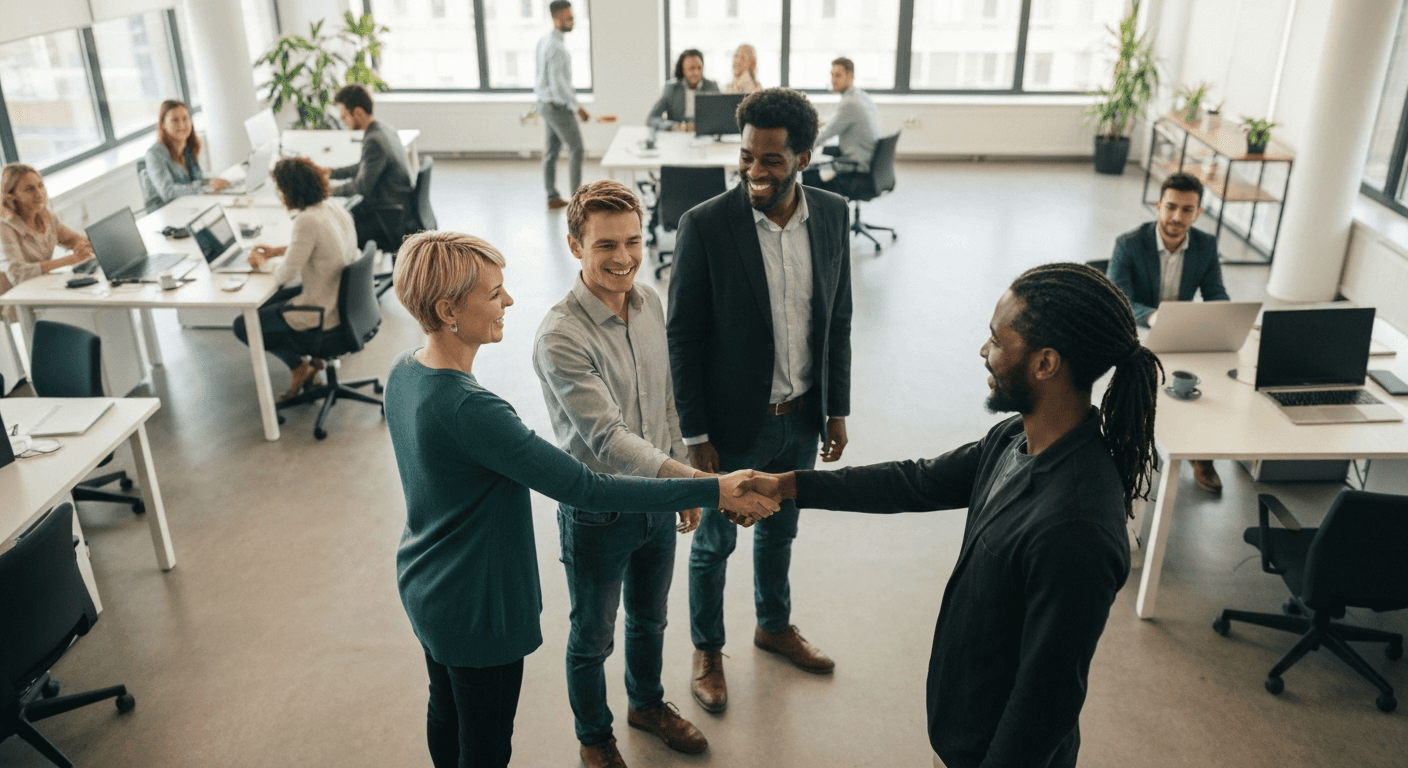 Professionals shaking hands in office