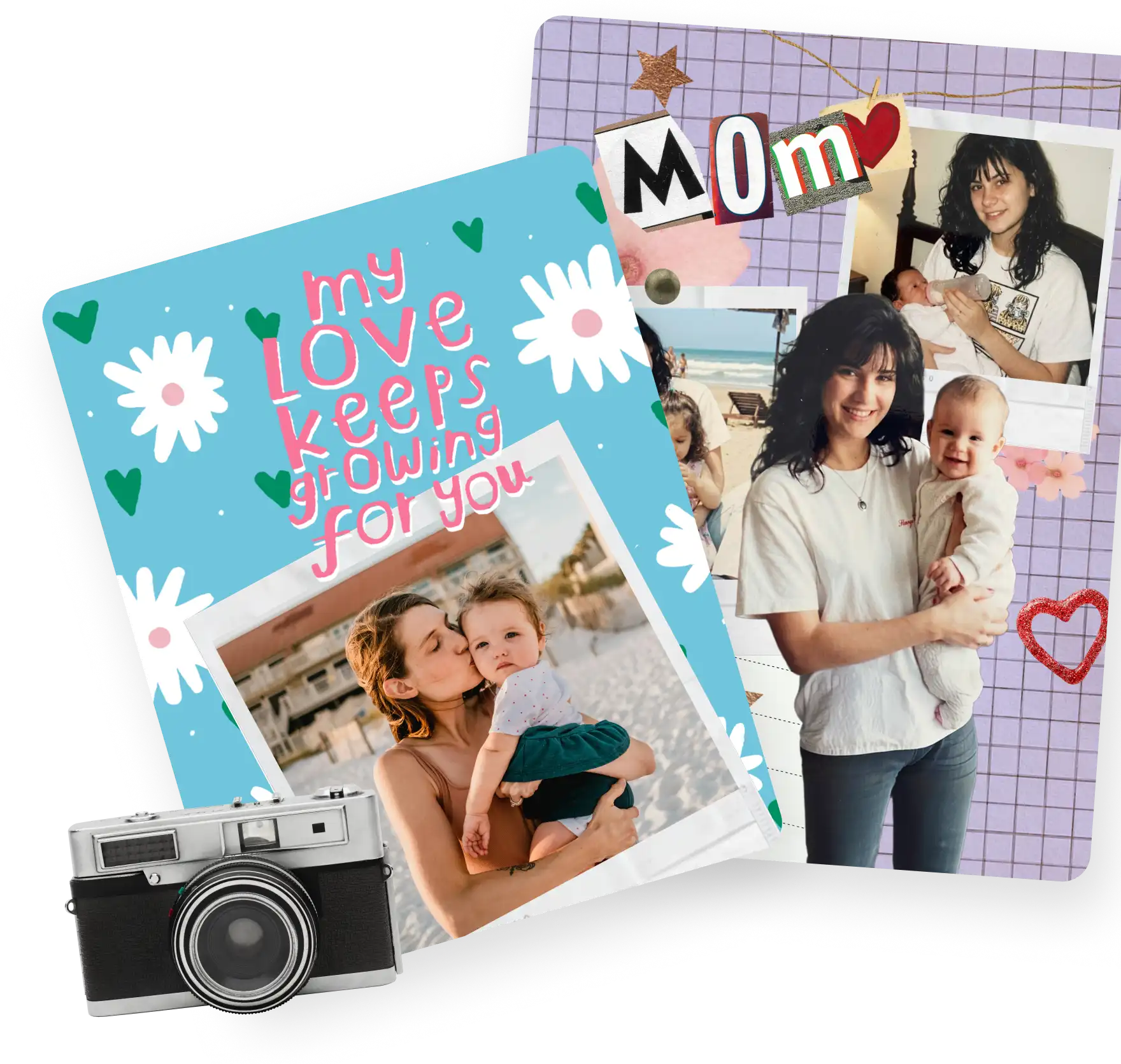 Mother's Day card samples with 'My love keeps growing for you' and 'MOM' photo collage designs