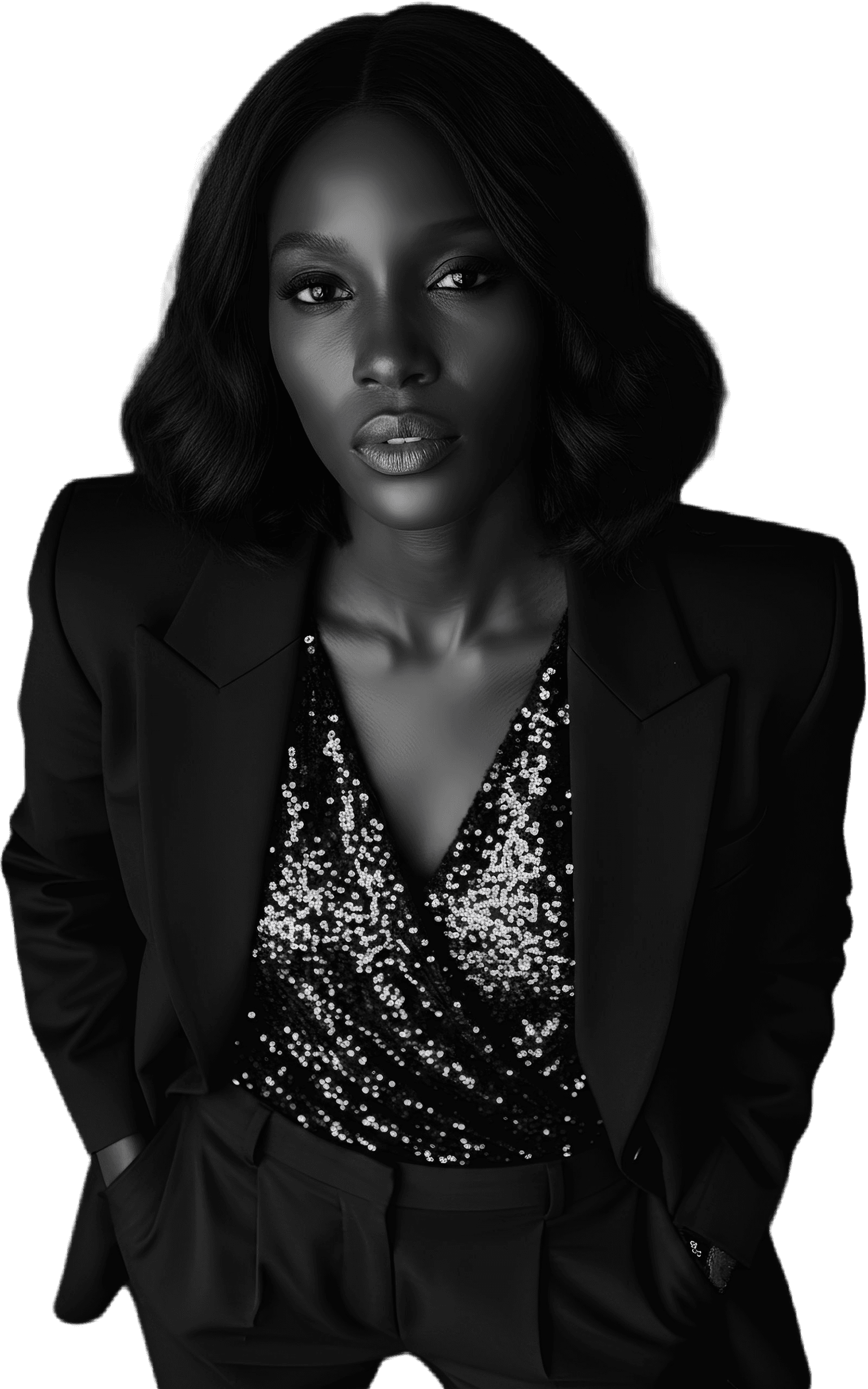 Professional woman in a suit standing in an office setting.