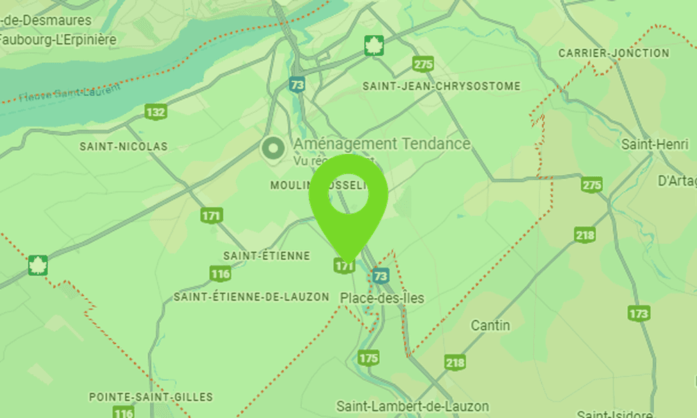 Carte montrant la zone de Lévis étant desservie par B2Web, experts en développement web et optimisation SEO