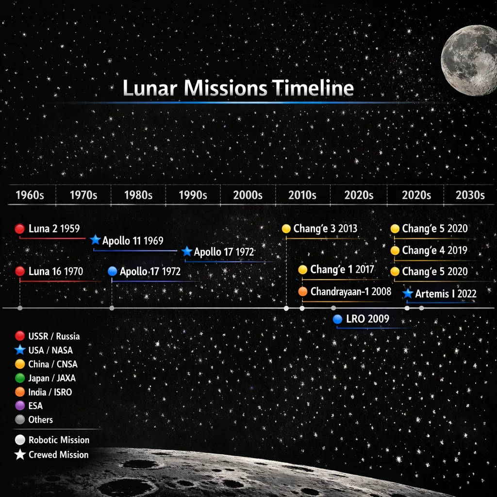 Timeline graphic of lunar missions from 1959 to 2030, showing key missions, countries, and achievements.