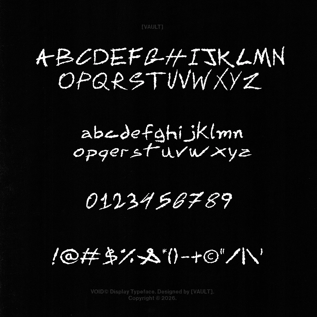 Complete character map of Void Typeface by Vault, showing uppercase, lowercase, numbers, and symbols in a white grunge handwritten style.