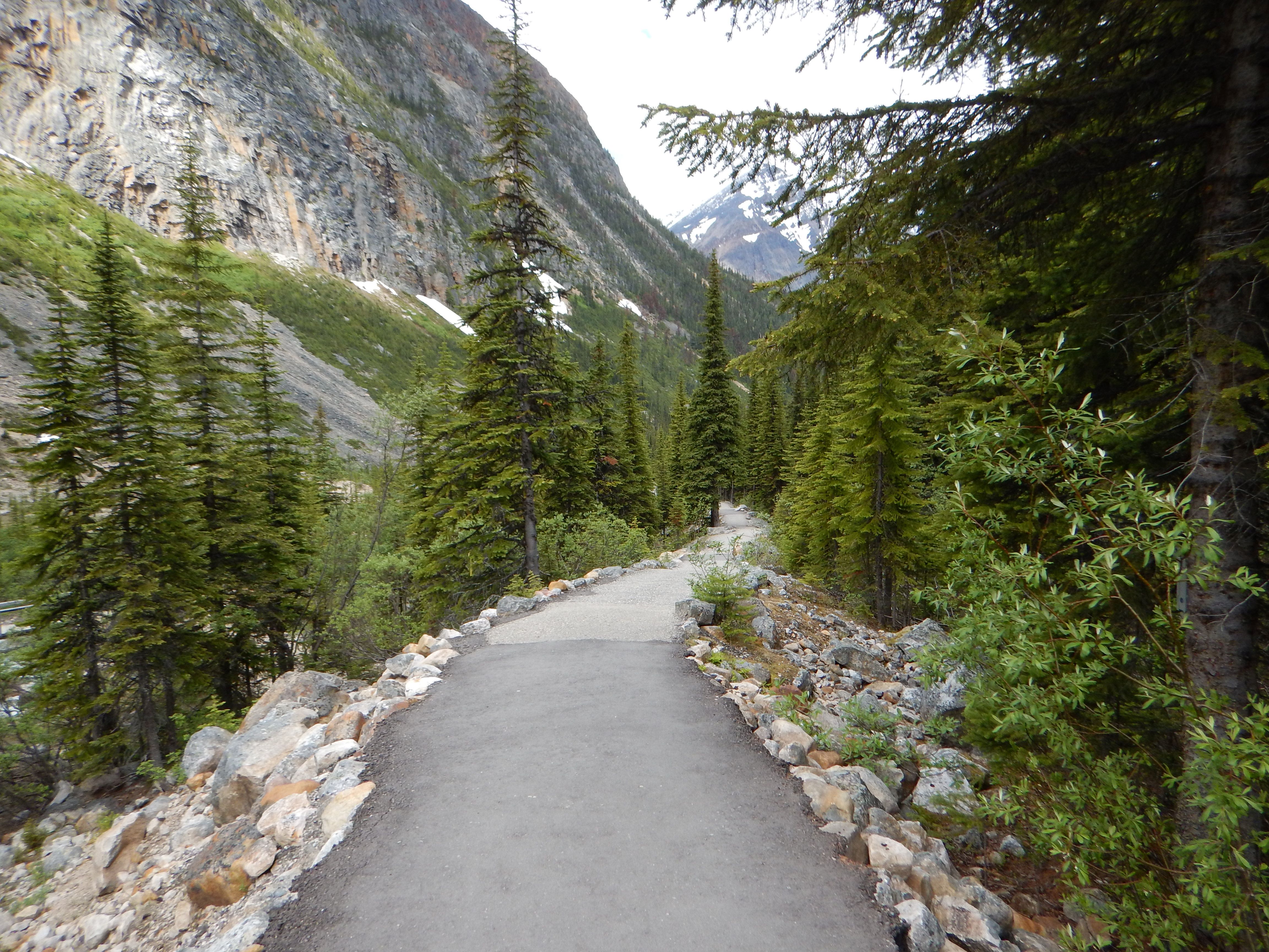 paved walking path through the mountains