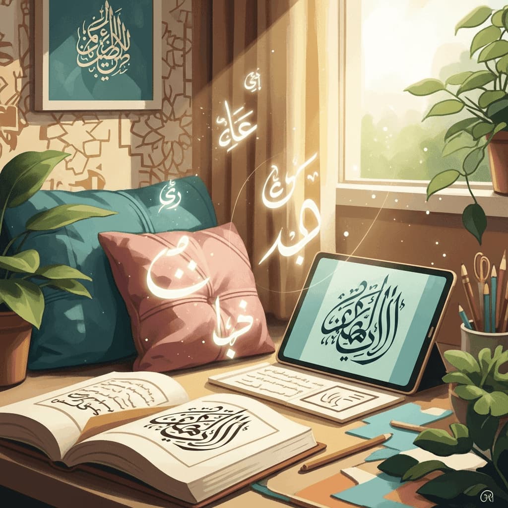 Islamic calligraphy art, books, and laptop on a cozy desk, showcasing study and faith.