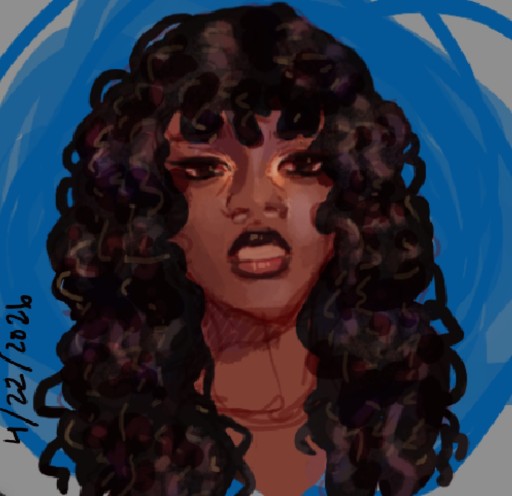 Curly hair against a blue swirl, in flat shapes, face drawing by grayd13nt
