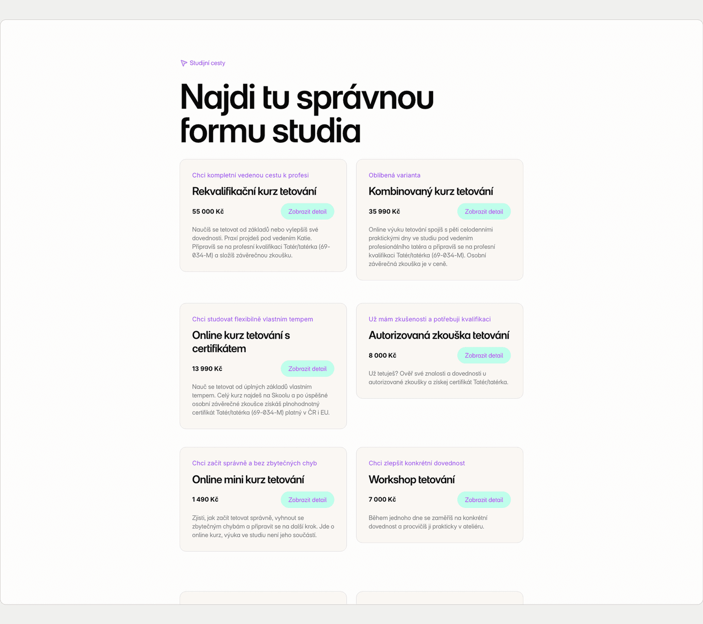Výběr studijní cesty na stránce Academy: karty podle situace s krátkým popisem a cenou.