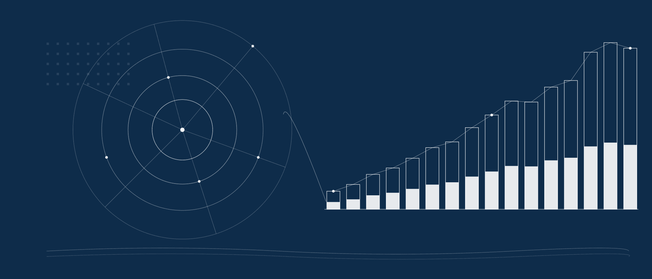 Abstract navy line illustration: a one-mile density-radius motif flowing into an ascending workforce-housing pipeline chart, with a filled base marking the 40 percent affordability set-aside.