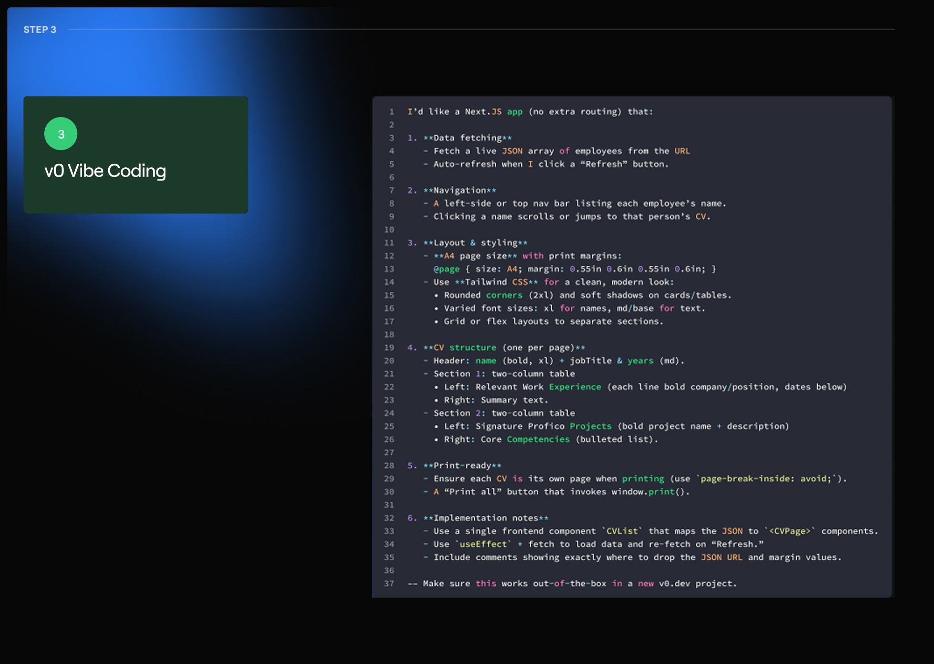 A detailed code-centric prompt within the v0.dev interface, outlining requirements for a Next.js app including data fetching, Tailwind CSS styling, and print-ready A4 layouts.