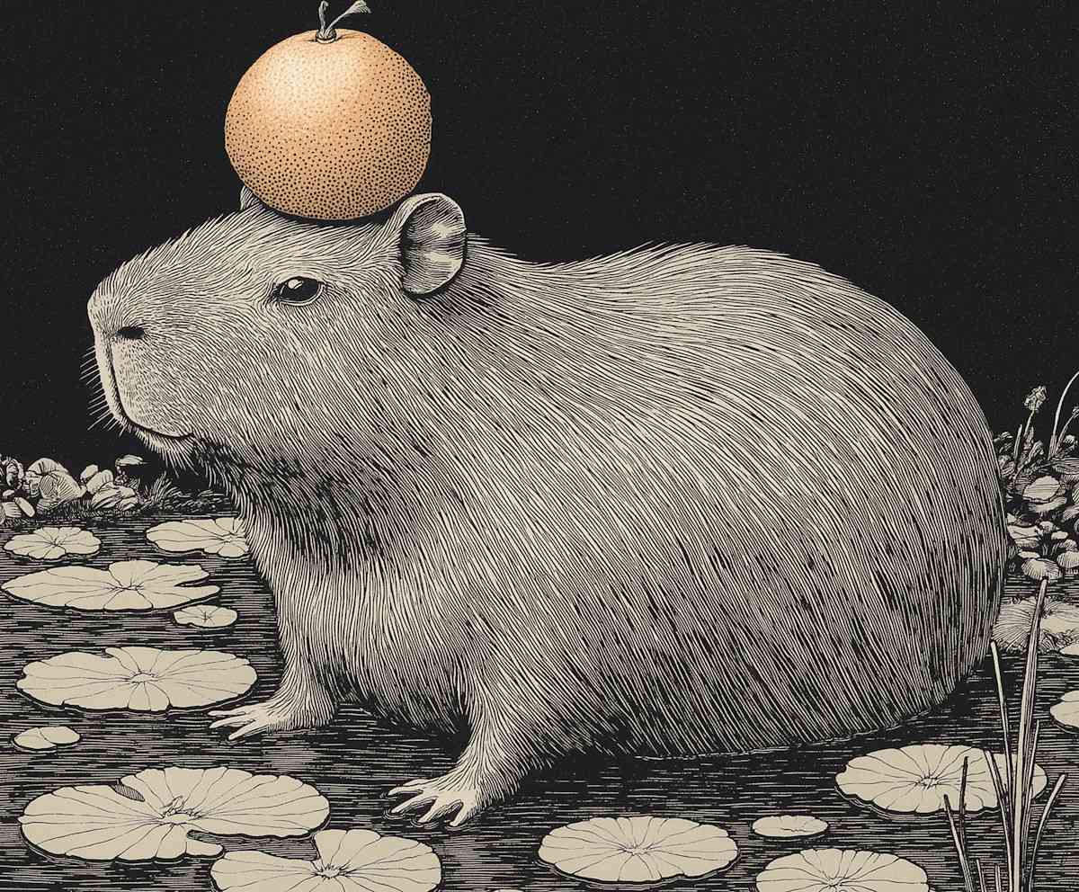 A detailed illustration of a large rodent with a round orange fruit balanced on its head, sitting among lily pads and grass on a dark background, showcasing an intriguing blend of whimsy and nature.