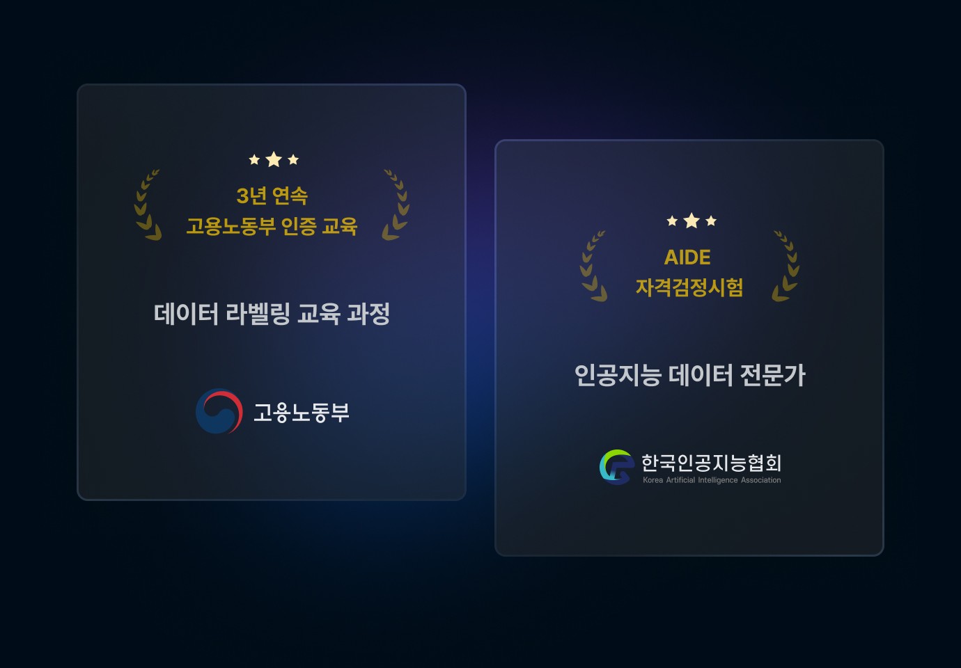 왼쪽은 고용노동부 인증 ‘데이터 라벨링 교육 과정’을, 오른쪽은 한국인공지능협회 인증 ‘인공지능 데이터 전문가’ 과정을 나타내는 이미지로 각각의 로고가 들어간 이미지