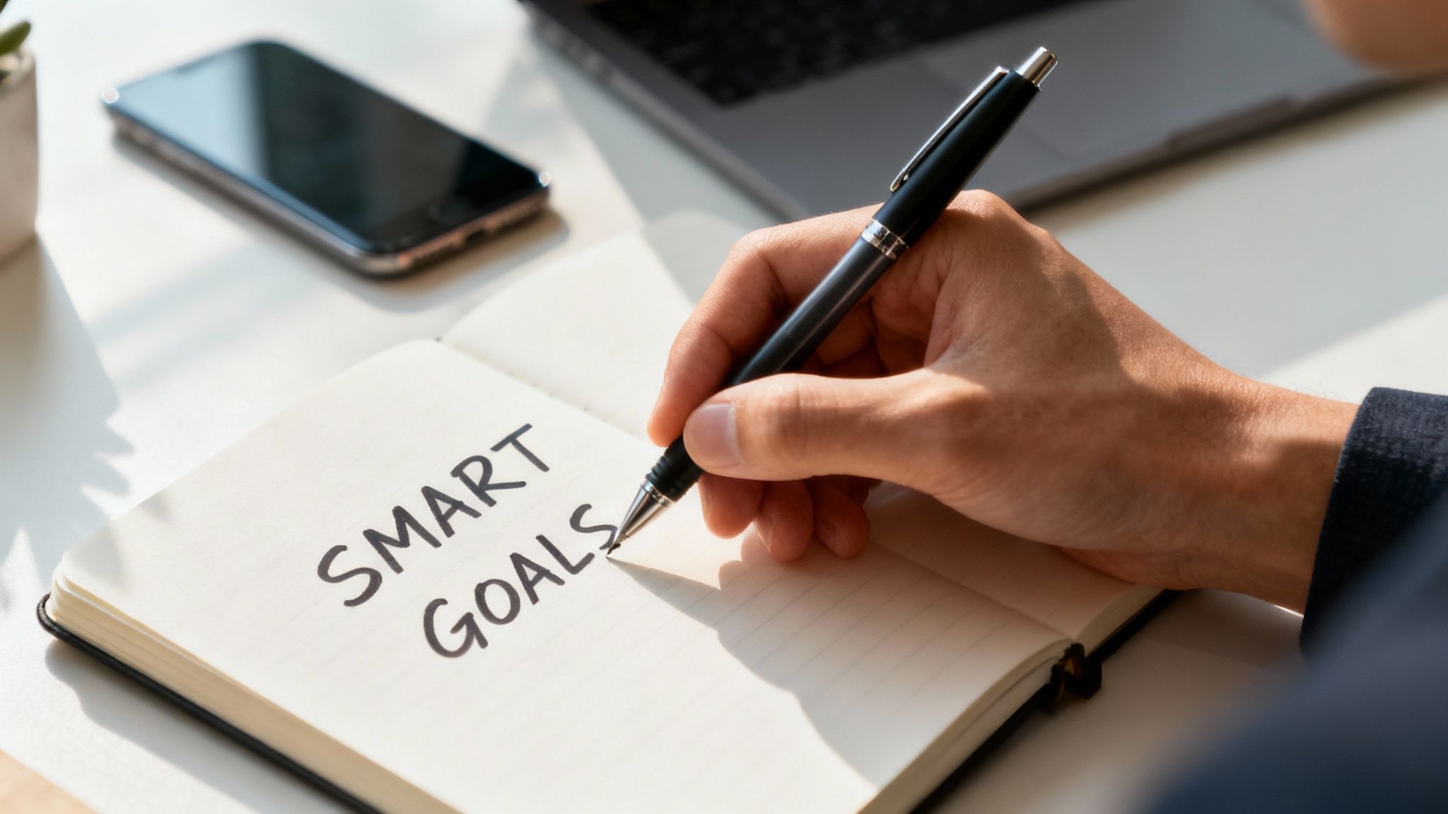 A person writing on a notepad, defining success before hiring a marketing agency for their small business.