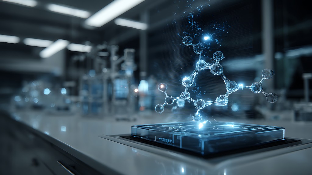 Blick auf eine Molekularstruktur als Hologramm in einem Wissenschaftlichen Labor