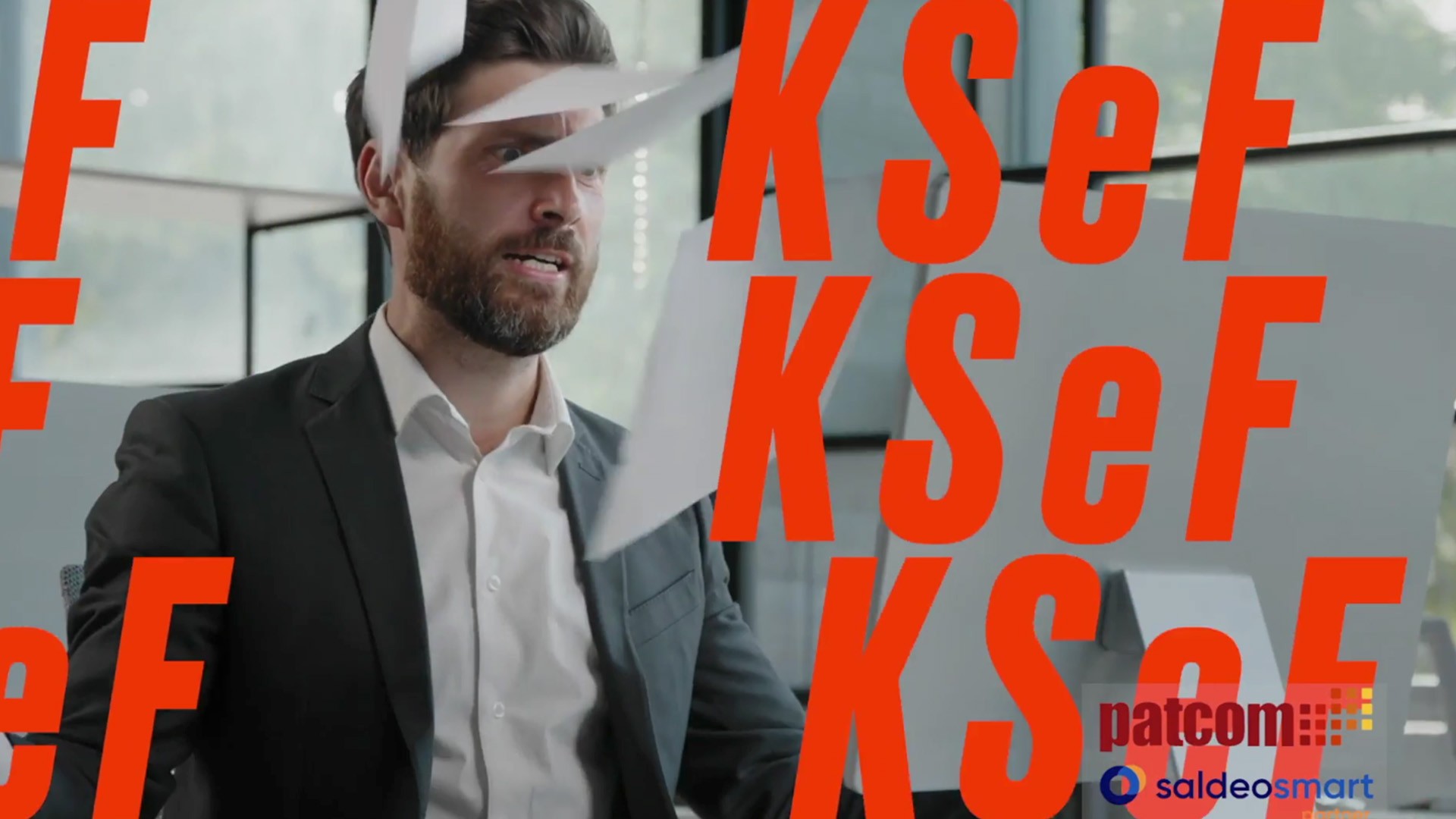 A man in a suit is seated at an office desk with floating papers around him, and the bold red letters "KSeF" overlay the scene prominently.