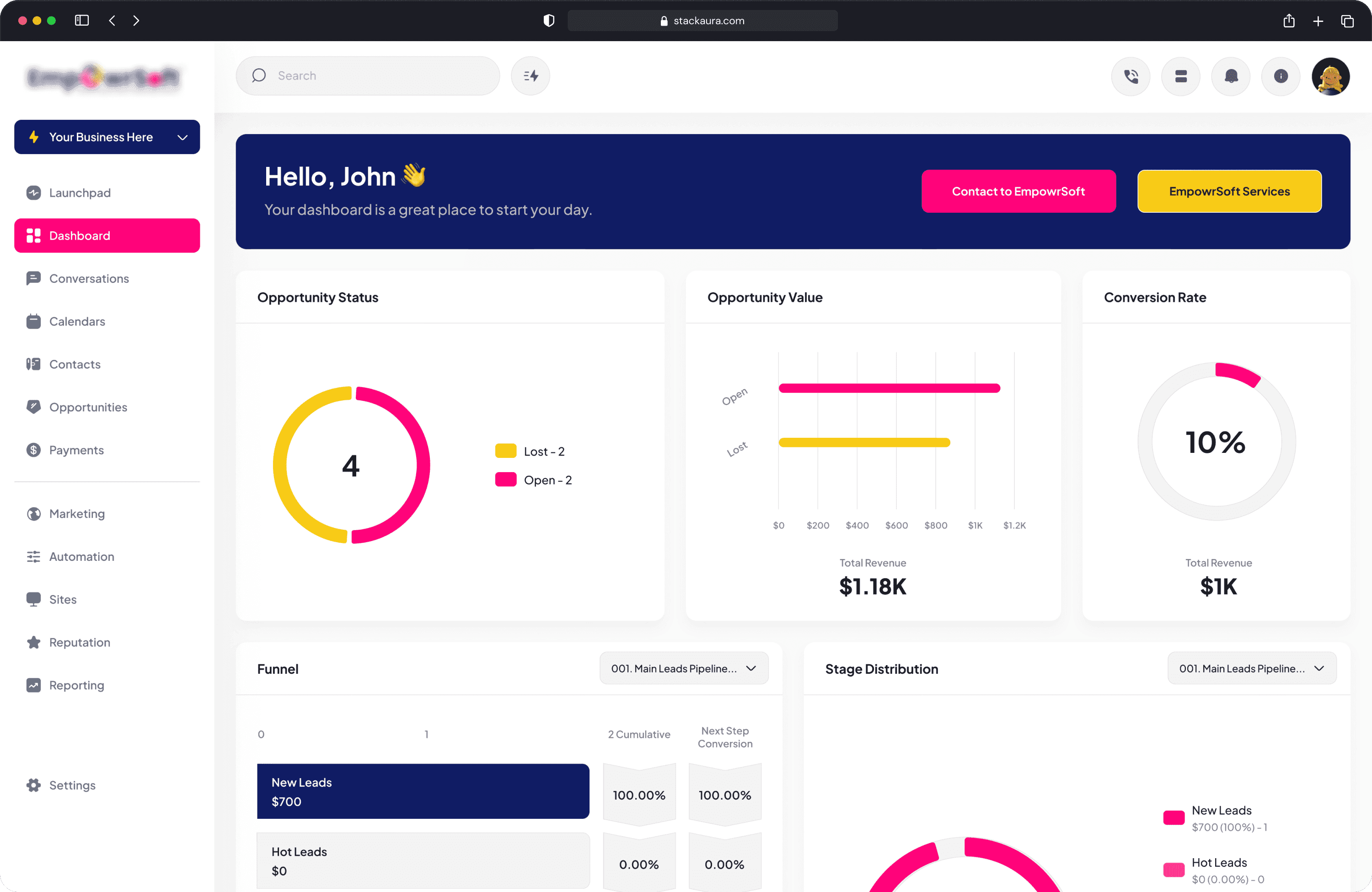 Modern pink accent Go High Level dashboard customization with white label CRM and UI refinement | StackAura