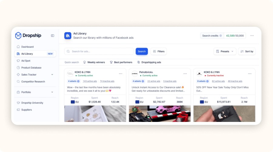Dropship.io ad library interface