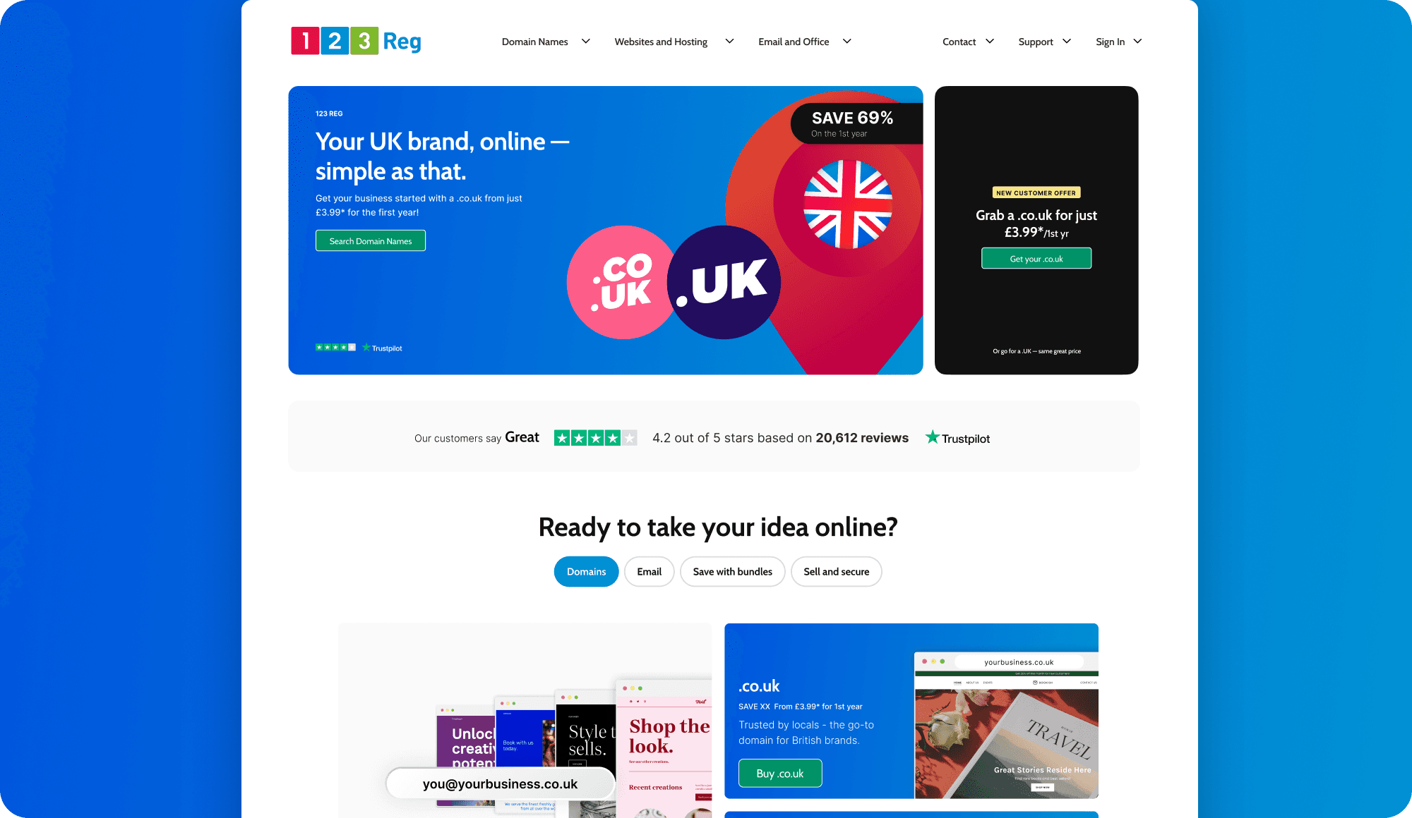 Mockup image on a macbook  of 123 Regs homepage with a bright blue background