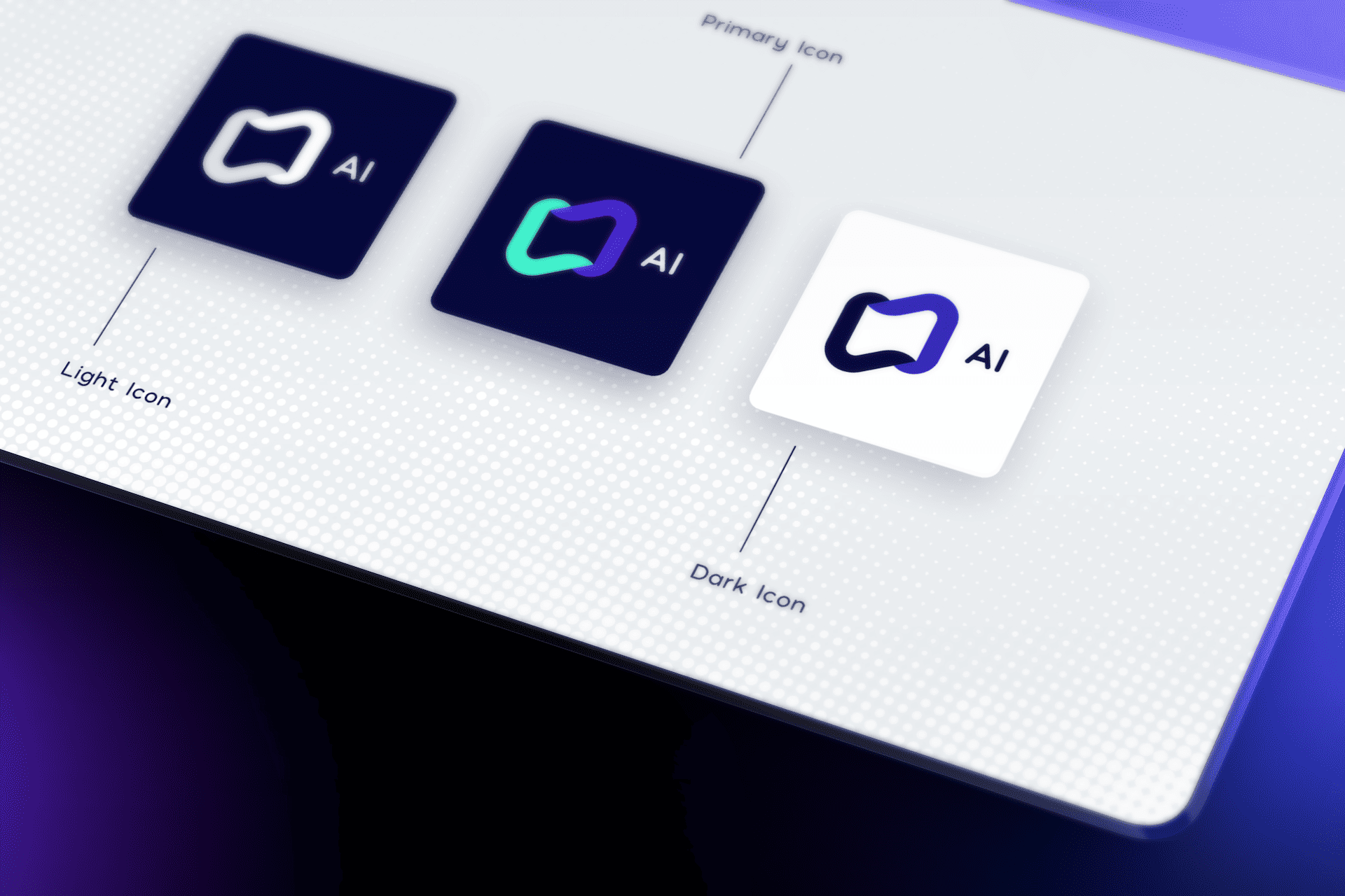 Neurolix AI brand guide app icon variations page mockup showing angled tablet display with three icon versions: light icon with white logomark on navy, primary icon with gradient logomark on navy, and dark icon with navy logomark on white, labeled for different application contexts on purple gradient background.
