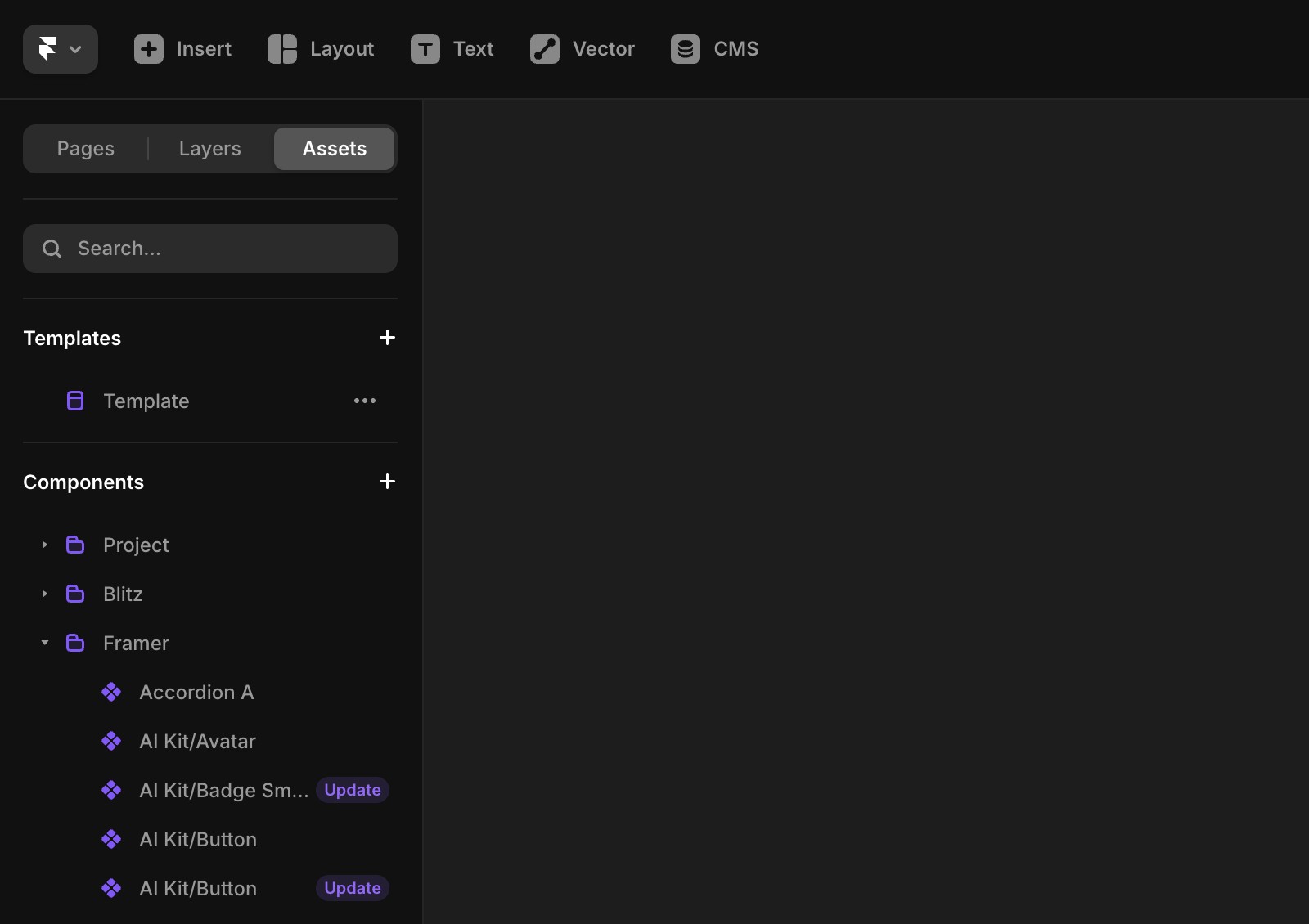 Shows all the components that can be manually updated in the Assets panel.