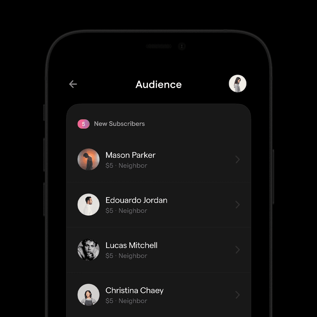 Facebook creator platform audience management screen with subscriber list, UI design by Michael Novia
