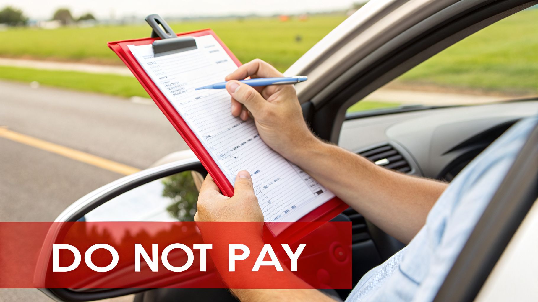 A person sitting inside a car is writing on a red clipboard with a blue pen.