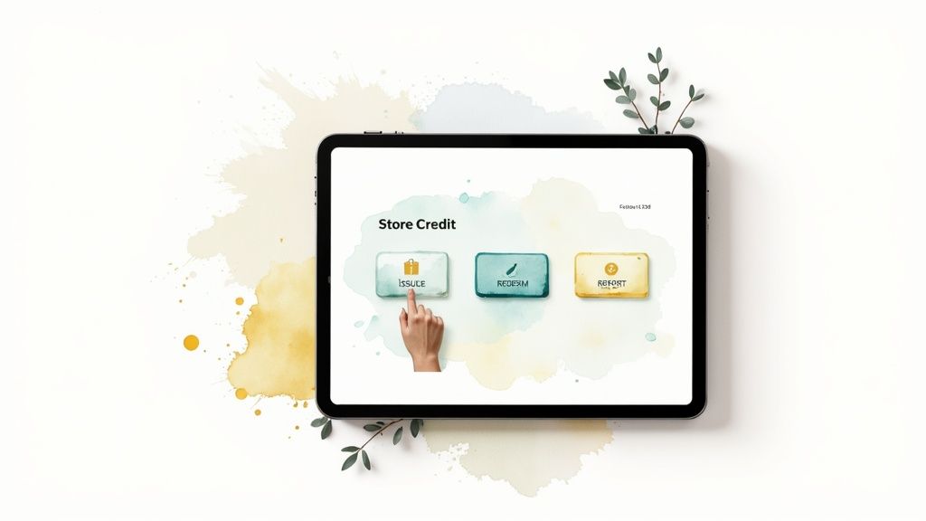 A hand taps the 'Issue' button on a tablet displaying a 'Store Credit' app interface.