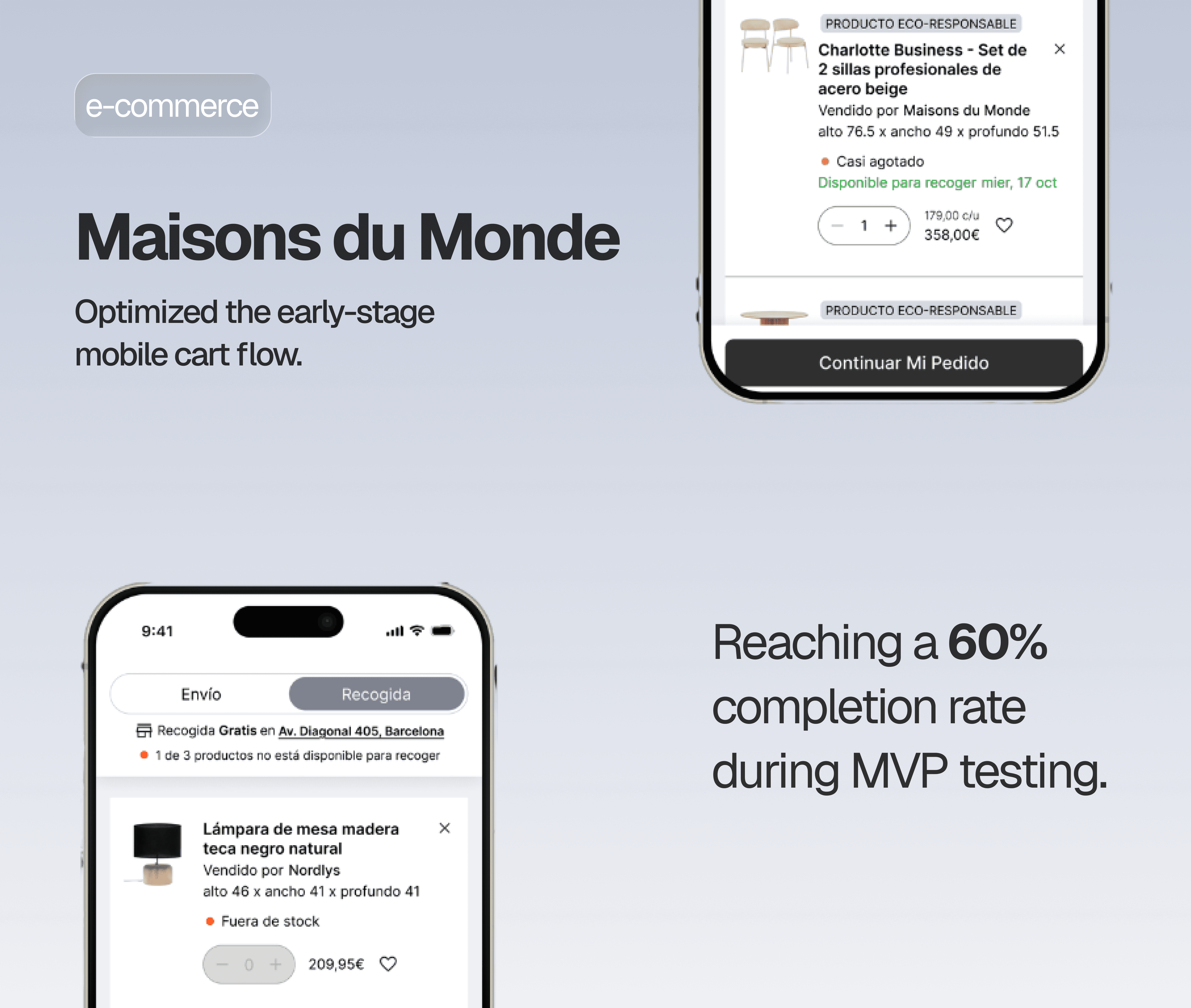 Portfolio case study cover showing mobile app cart screens for Maisons du Monde, with the headline “Optimized the early-stage mobile cart flow” and a highlighted 60% completion rate achieved during MVP testing.