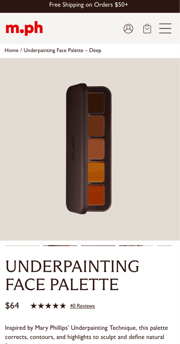 Mobile product detail page for m.ph beauty underpainting face palette