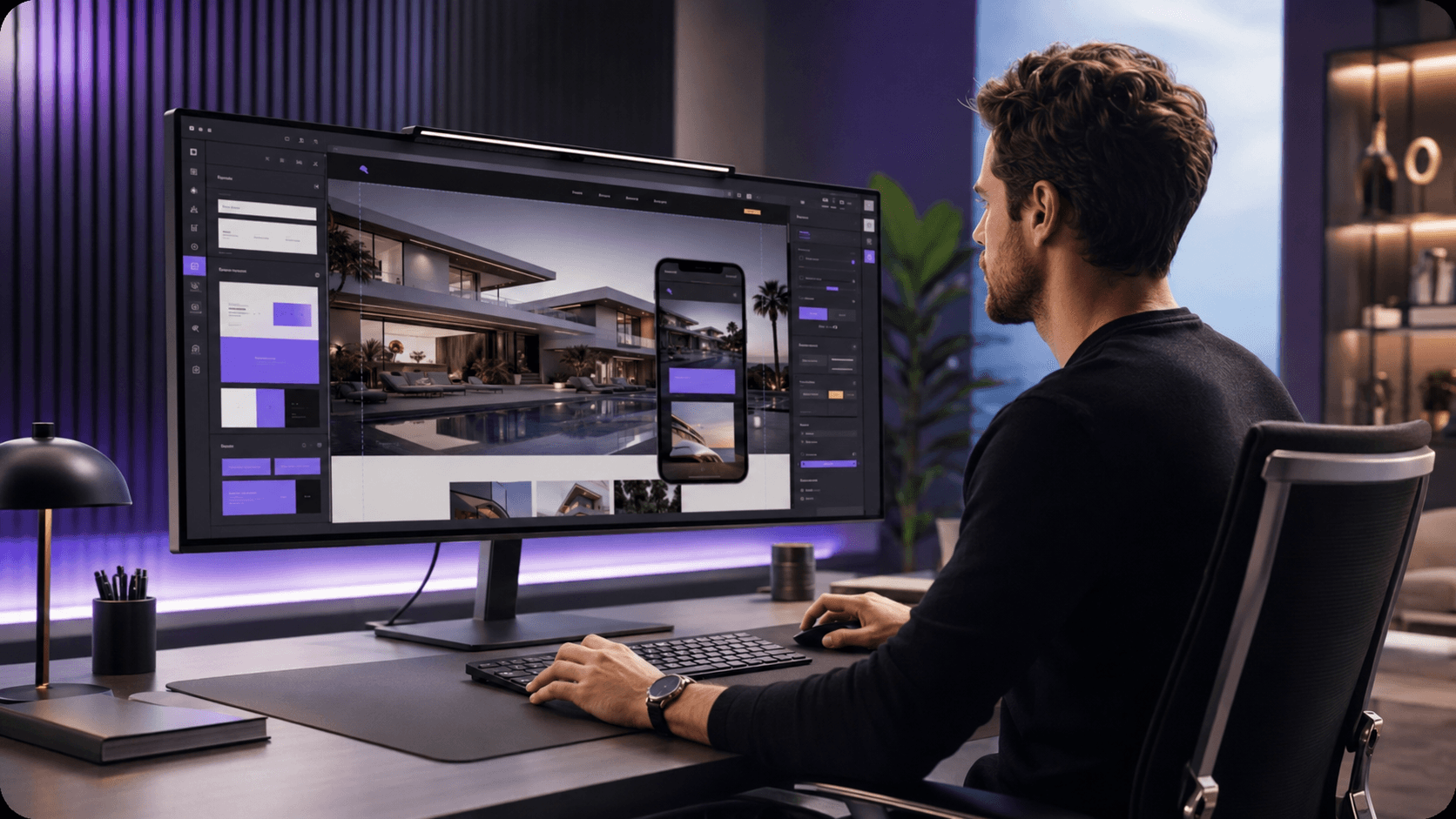 Focused young man coding on laptop and dual monitors in blue hoodie.