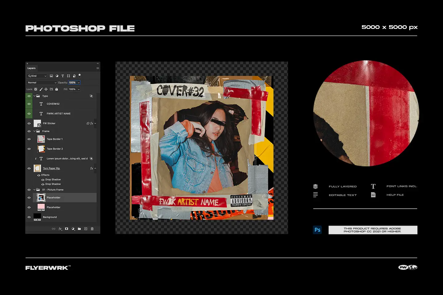 Product interface showing the editable tape border and torn paper rip features in Adobe Photoshop