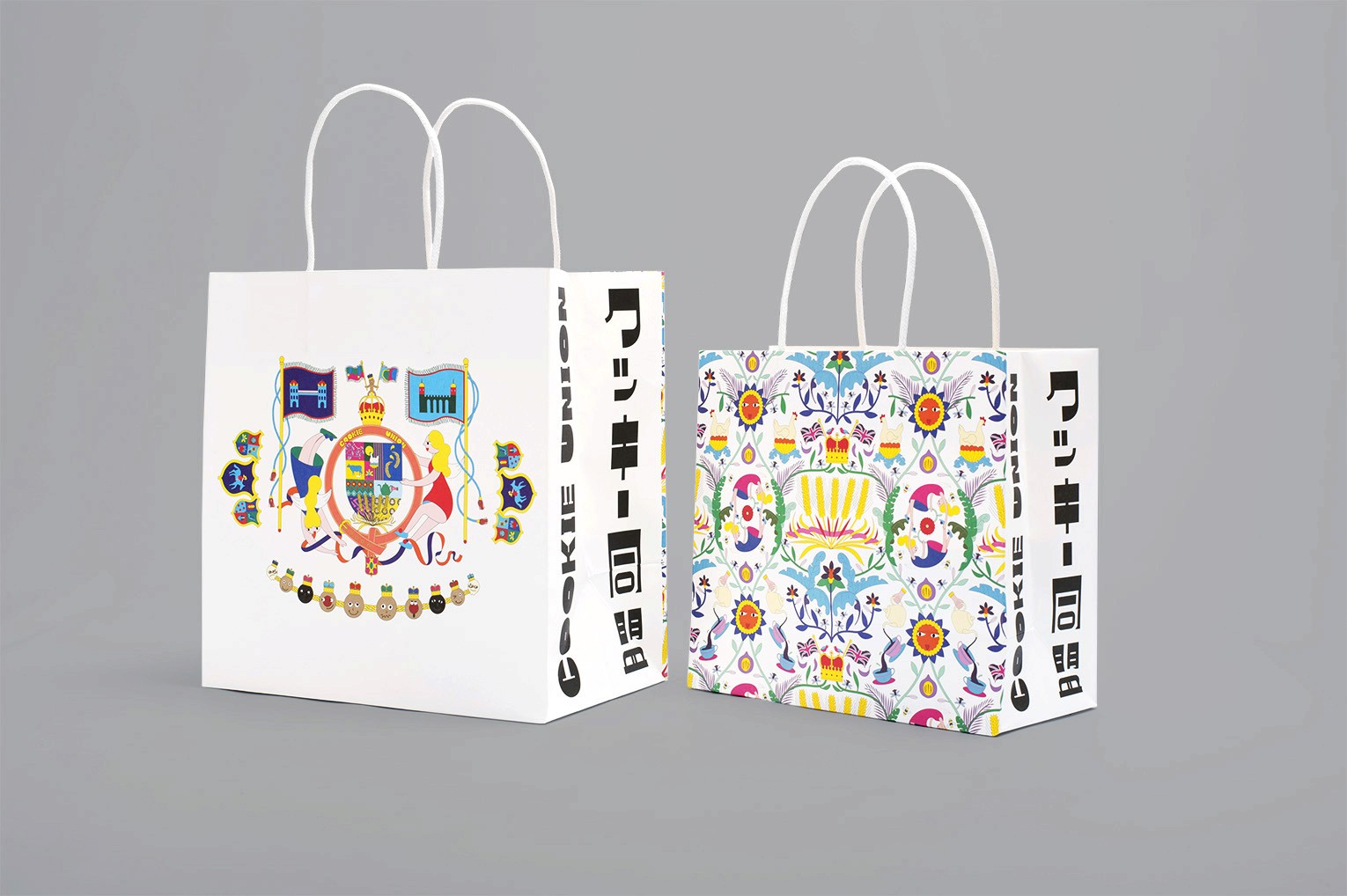 Cookie Union shopping bags featuring colorful playful illustrations and typographic elements.