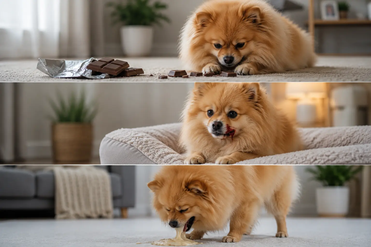 pomeranian got sick, ate chocolate, jaw broken, and throwing up