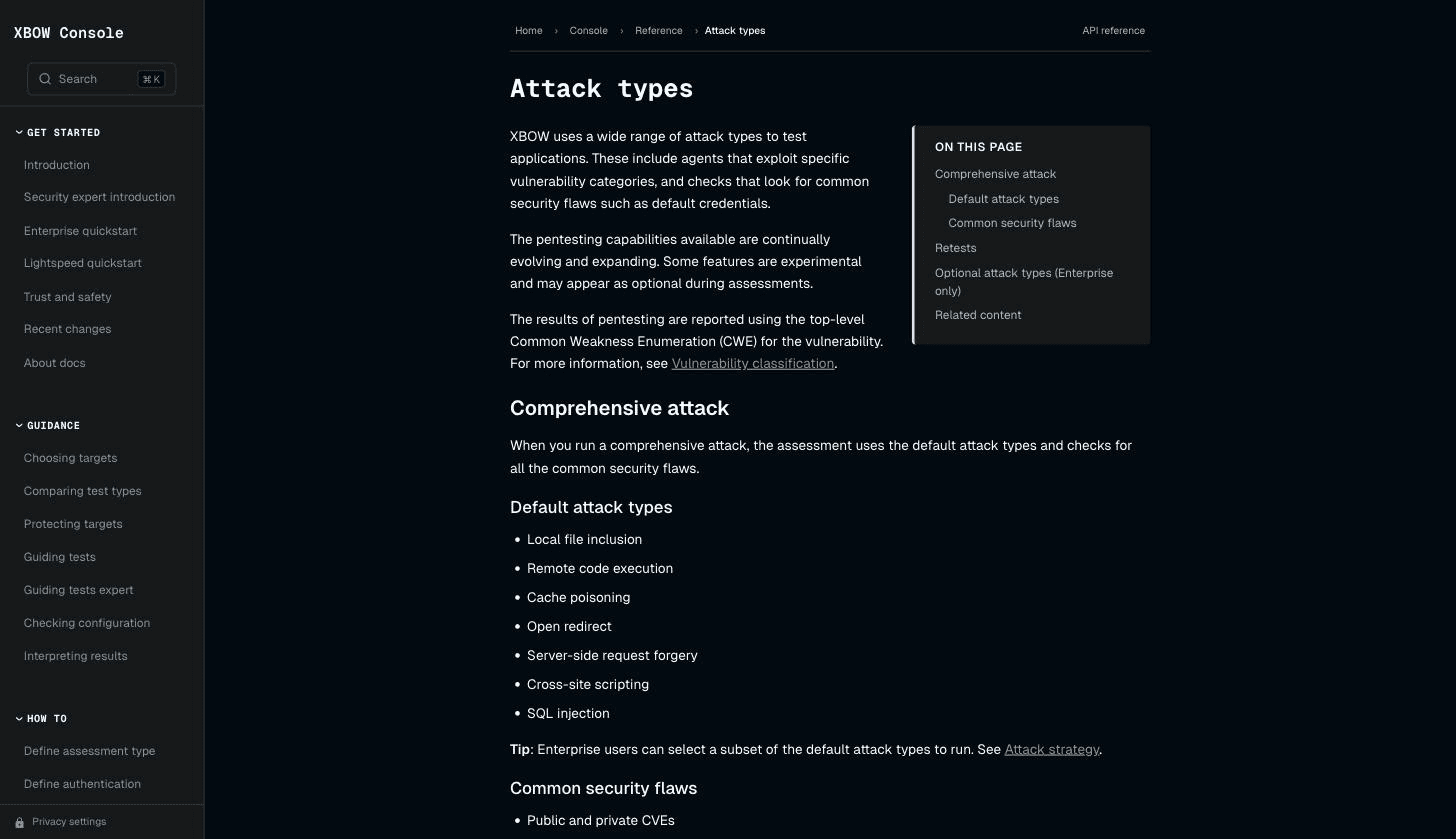XBOW documentation page listing the default attack types including local file inclusion, remote code execution, cache poisoning, open redirect, server-side request forgery, cross-site scripting, and SQL injection