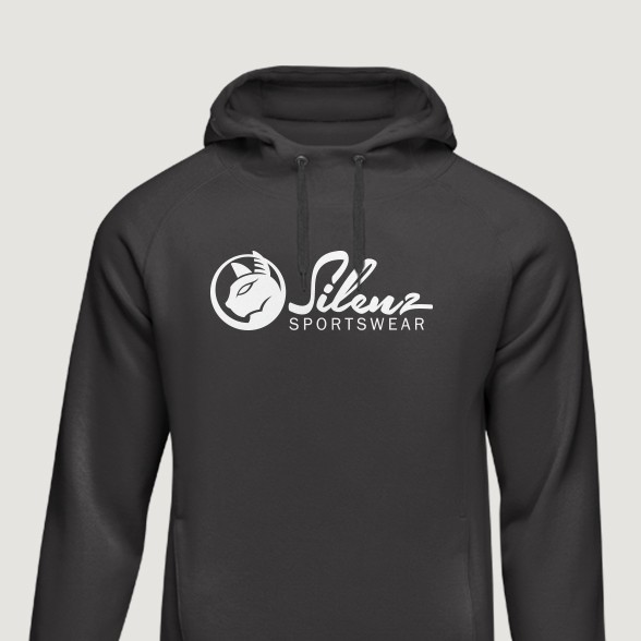 Black hoodie mockup featuring Silenz Sportswear logo in white print across the chest.