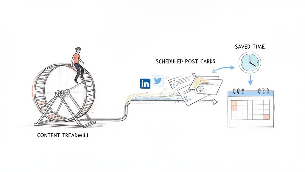 Illustration of a person on a content treadmill, showing how scheduled social media posts save time.