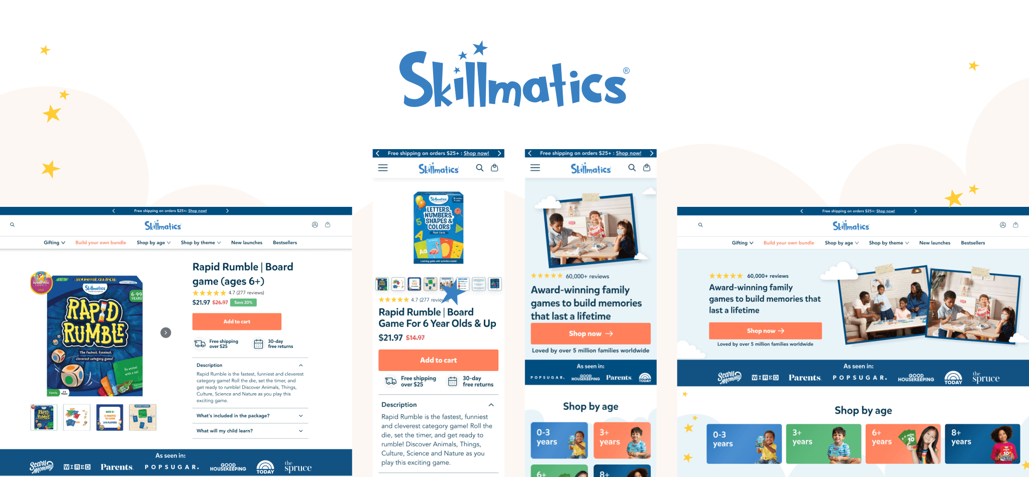The image features a Skillmatics website showcasing their landing and product page for Desktop and mobile.