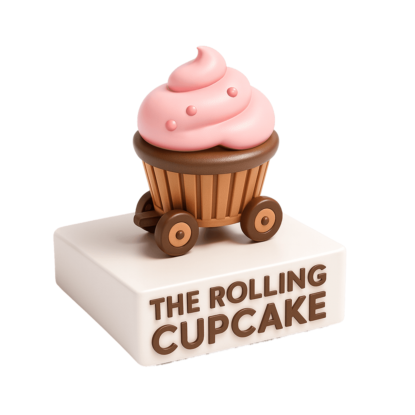 3D logo of Rolling Cupcake on a pedstal