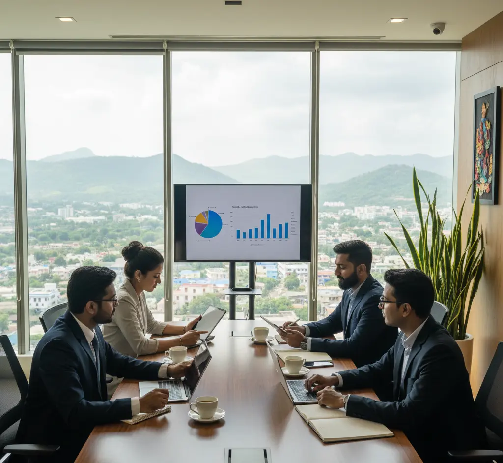 Financial professionals reviewing charts and investment data during a wealth management meeting in a modern conference room