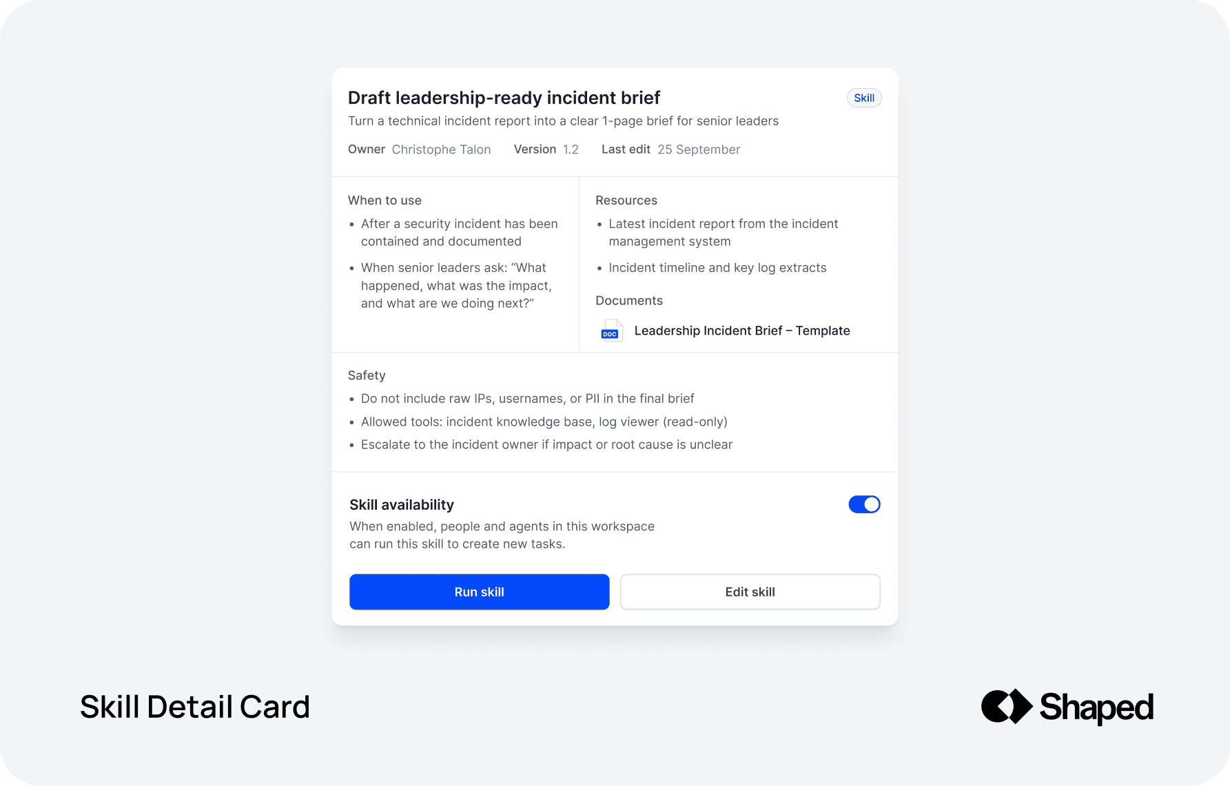 Skill detail card: a single skill as a reusable unit of capability, with when-to-use guidance, required resources, safety guardrails, and availability controls for the workspace.