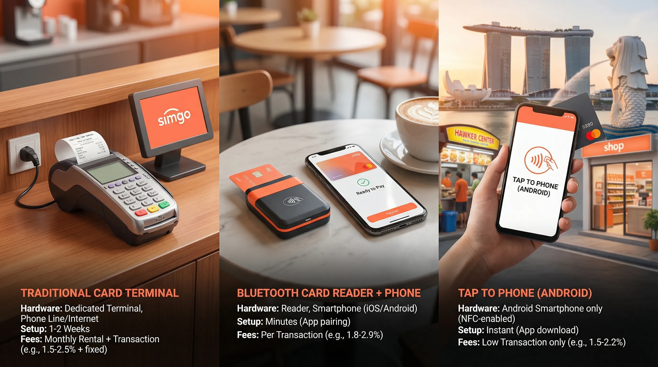 A simple comparison visual showing three payment acceptance options for Singapore small businesses: a traditional card terminal, a Bluetooth card reader connected to a phone, and a Tap to Phone setup using only an Android phone. Each option has a short label for hardware required, setup time, and typical fees.