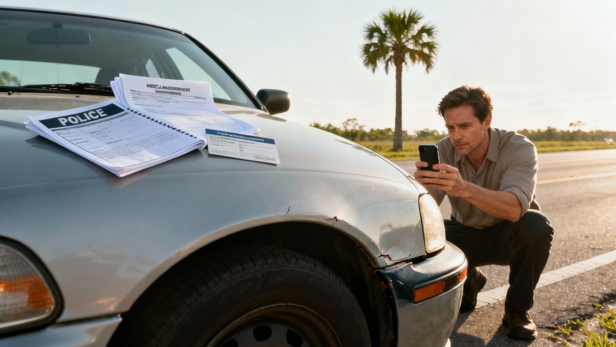 A person looking thoughtfully at a question mark symbol, representing common questions about car accident settlements in Florida.