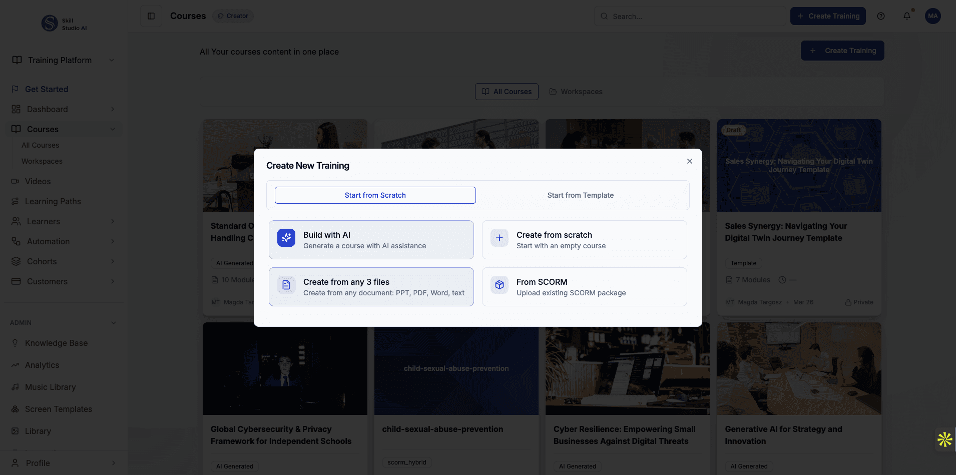 Select Create from any 3 files to upload documents like PowerPoint, PDF, or Word files.