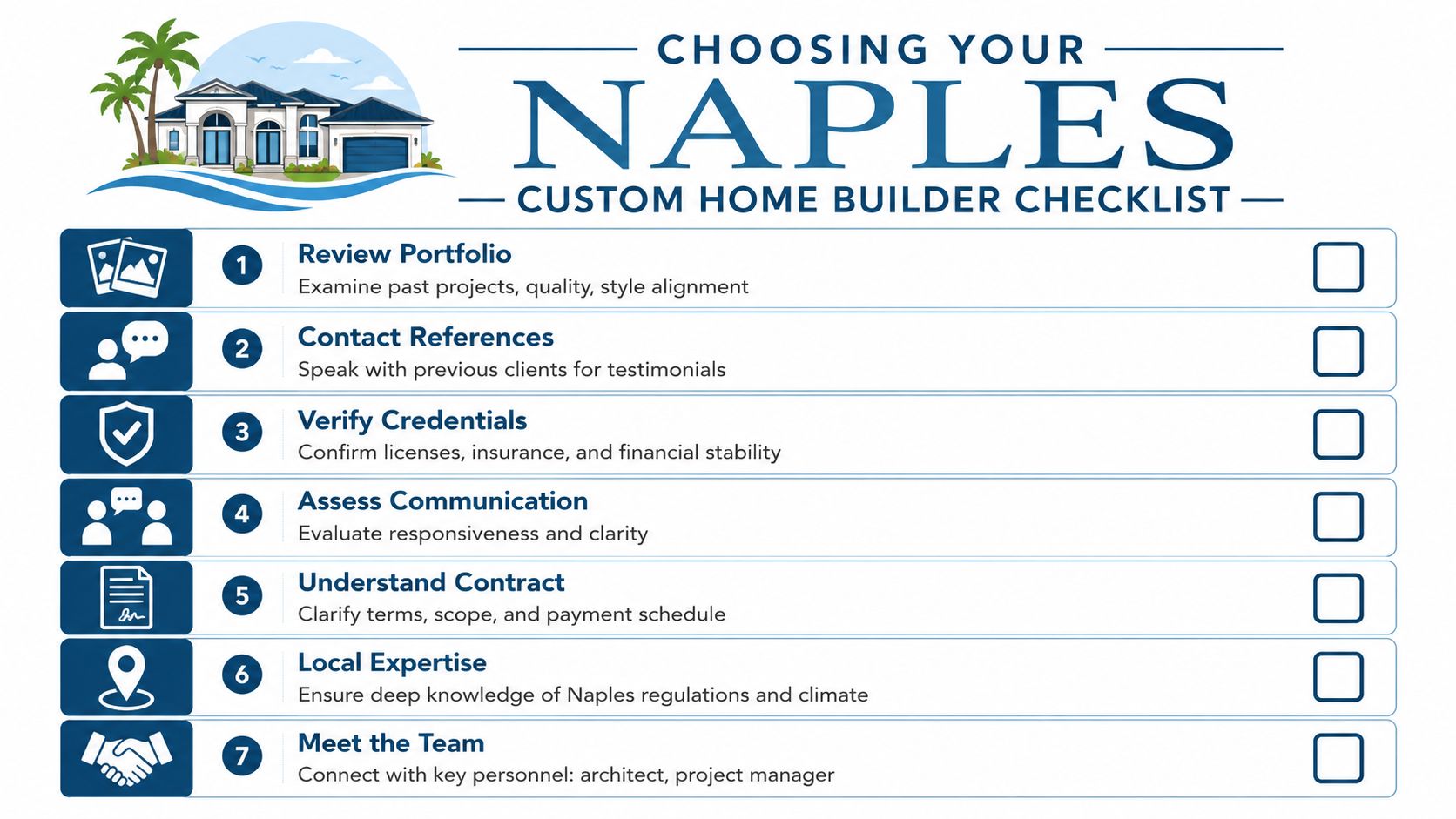 A checklist for choosing a custom home builder in Naples, Florida, featuring seven key steps to consider.