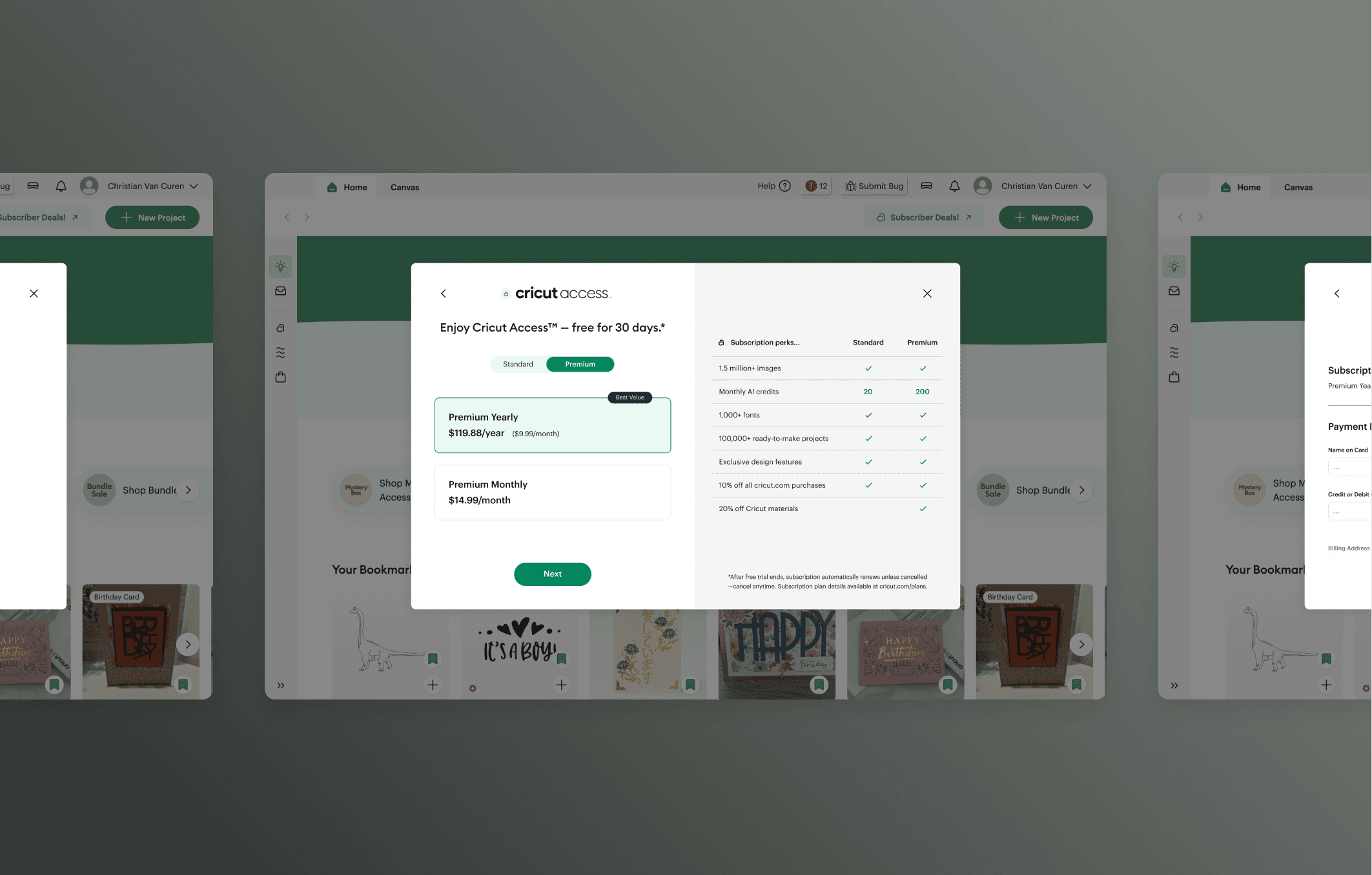 Users land on Premium first, with a clear toggle to compare tiers — turning the upgrade into an obvious choice rather than a buried option.