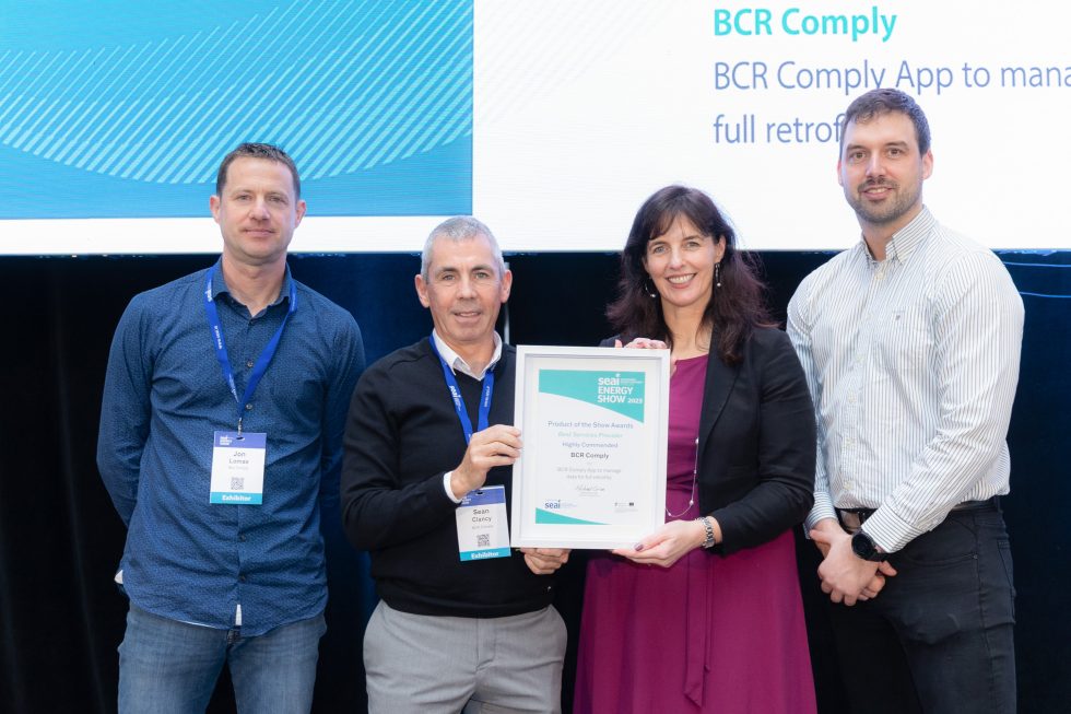 Jonathan Lomax & Sean Clancy from BCR Comply with Margie McCarthy, Director of Research & Policy Insights, SEAI and John Flynn, architect and one of the judging panel.